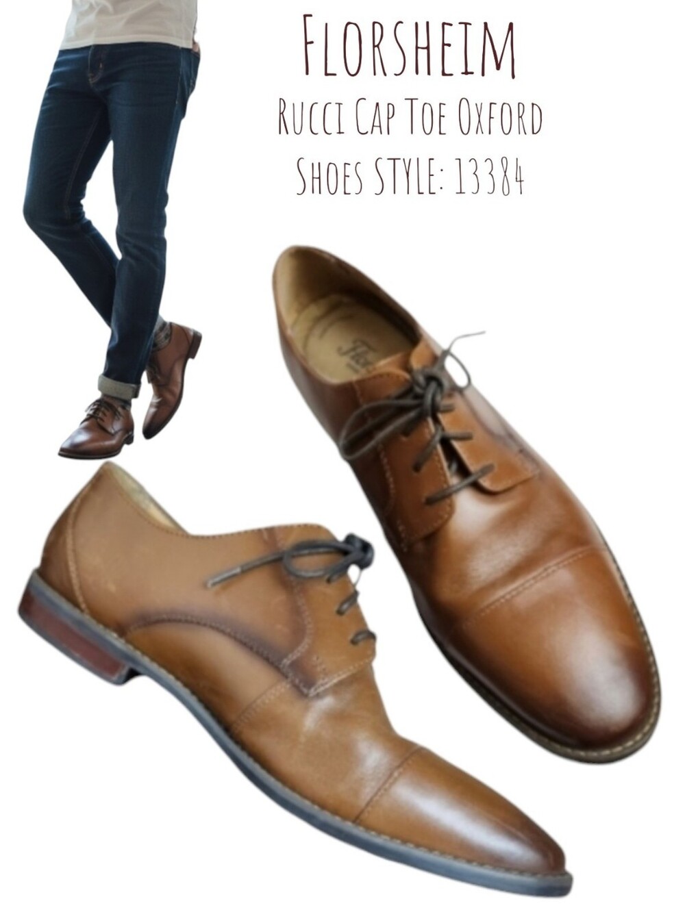 Florsheim Men's Rucci Cap Toe Oxford Shoes Lace-Up Dress Cognac Brown Size 9.5